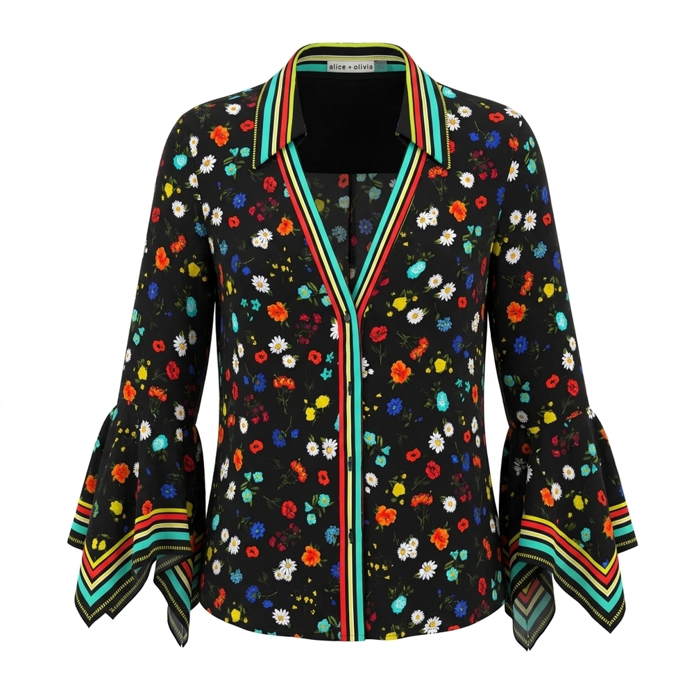 alice + olivia black floral blouse with striped trim collar, zip front, and bell